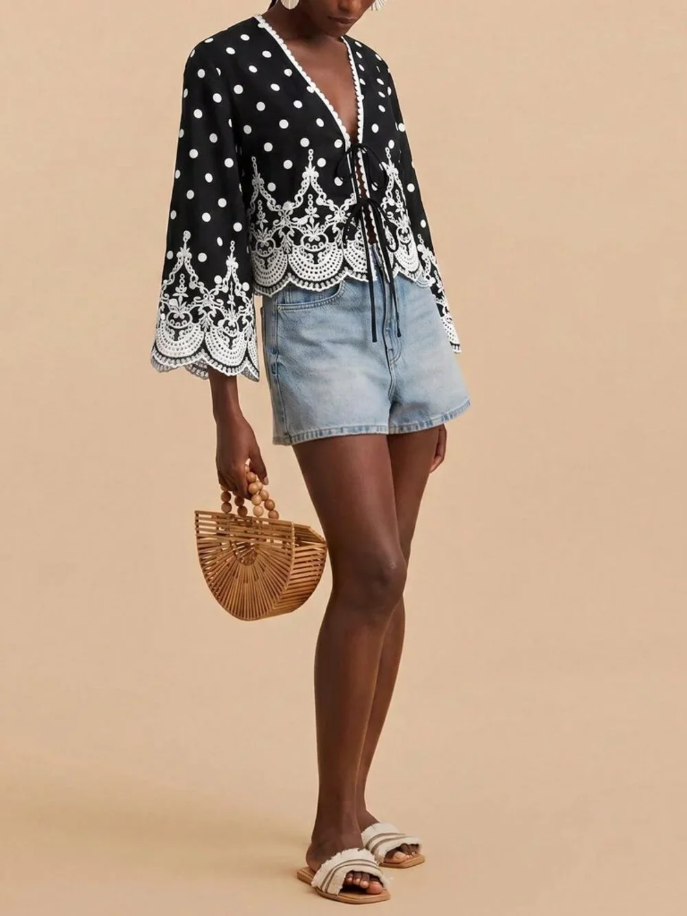 Black Boho Women's Polka Dot Print Embroidered Detail Long Sleeve Shirt